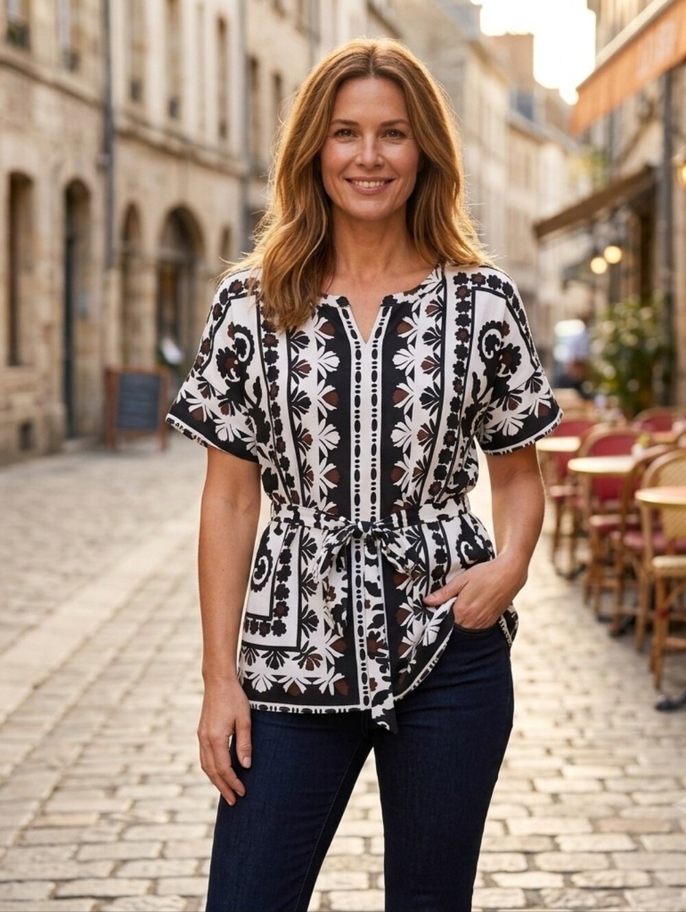 Ann Taylor black/white  geometric patterned tunic top styled with Waist Tie Larg